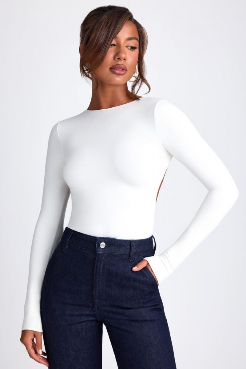 White Oh Polly Elli Modal High Neck Long Sleeve Open Back Top | MJUY-36185