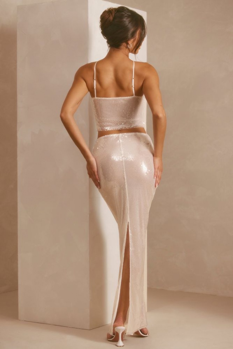 White Oh Polly Emilia Sheer Sequin Mid Rise Maxi Skirt | UYHT-04168