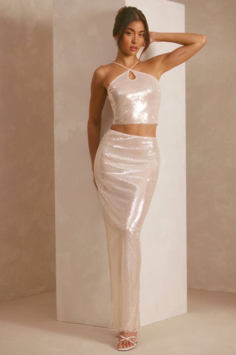 White Oh Polly Emilia Sheer Sequin Mid Rise Maxi Skirt | UYHT-04168