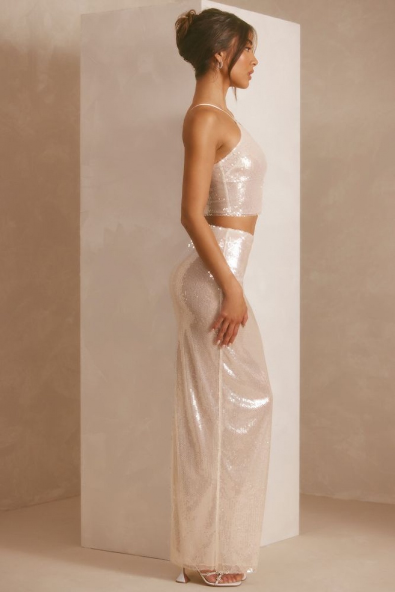 White Oh Polly Emilia Sheer Sequin Mid Rise Maxi Skirt | UYHT-04168