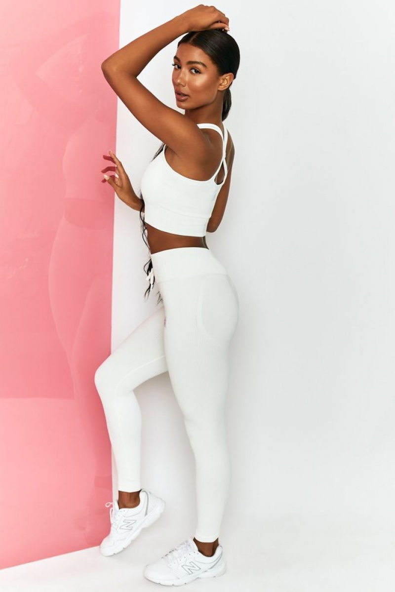 White Oh Polly Energise Ribbed Tie Front Full Length Leggings | VBFW-09536