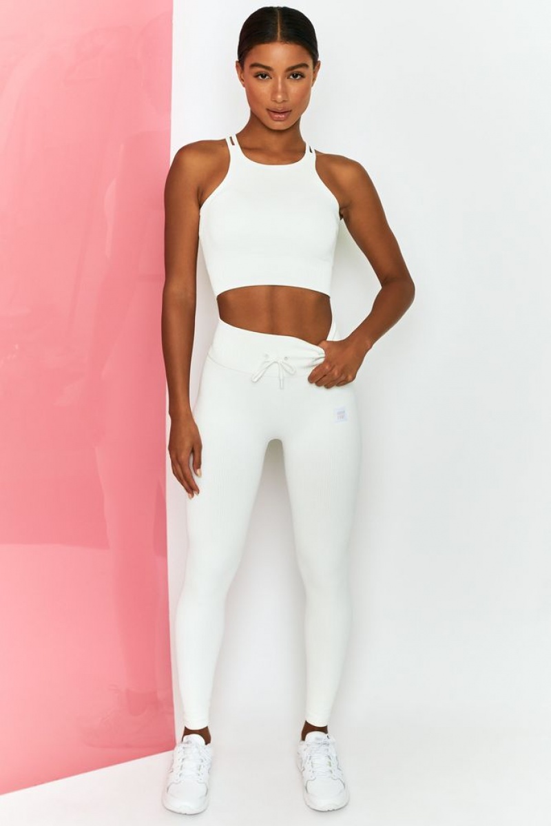 White Oh Polly Energise Ribbed Tie Front Full Length Leggings | VBFW-09536