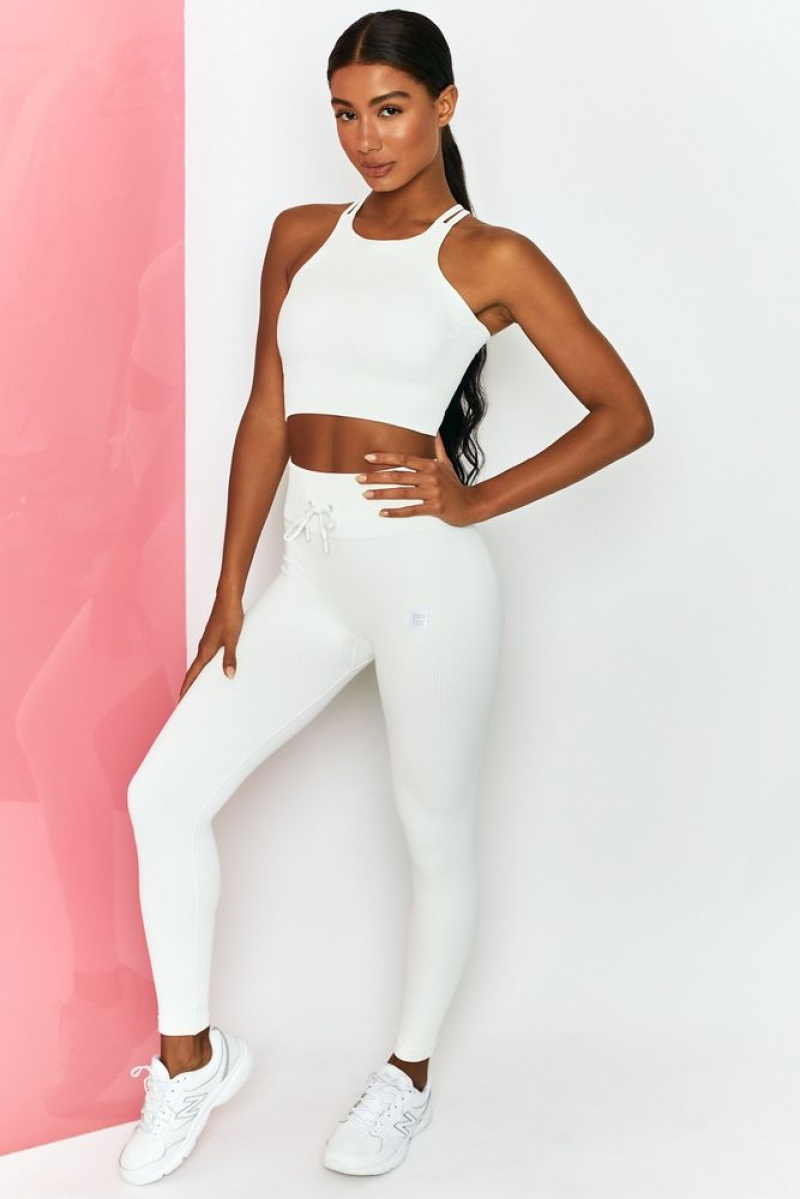 White Oh Polly Energise Ribbed Tie Front Full Length Leggings | VBFW-09536