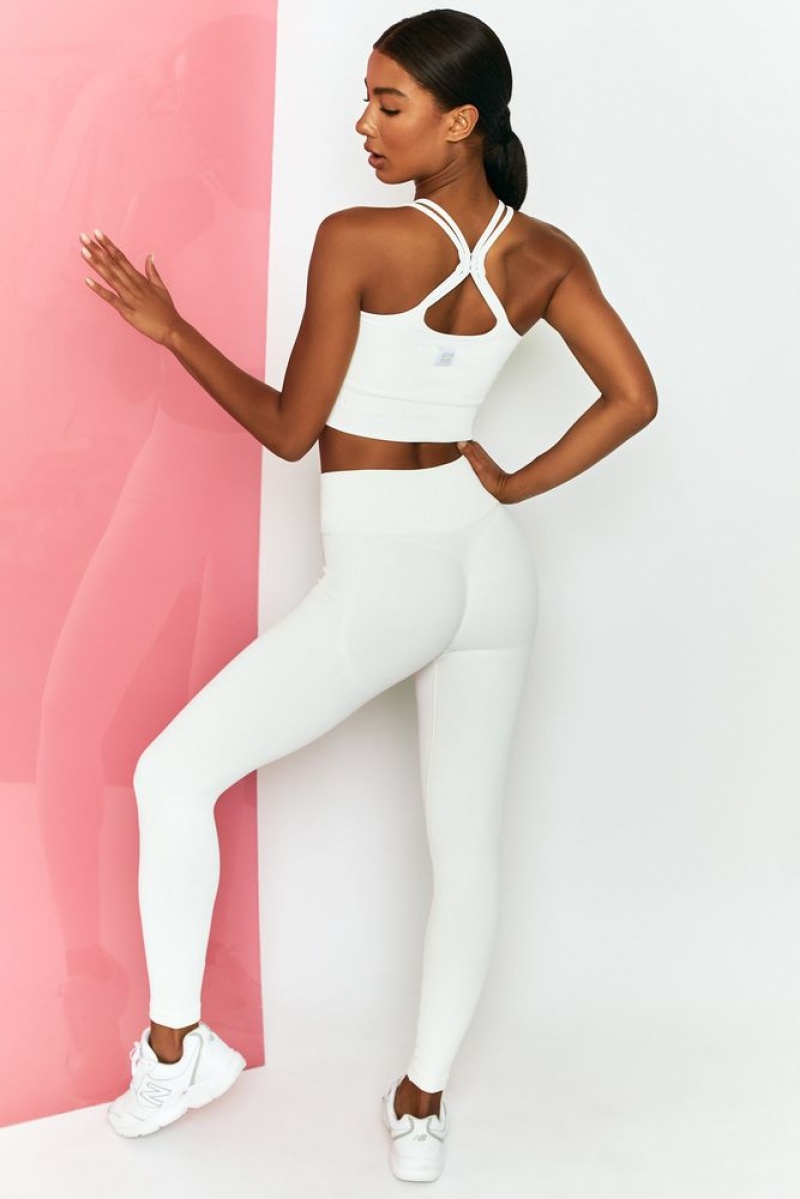 White Oh Polly Energise Ribbed Tie Front Full Length Leggings | VBFW-09536