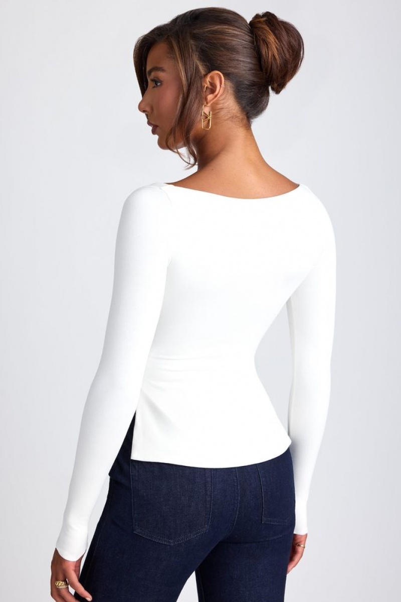 White Oh Polly Fiora Modal Sweetheart Neckline Long Sleeve Top | QKHP-97023