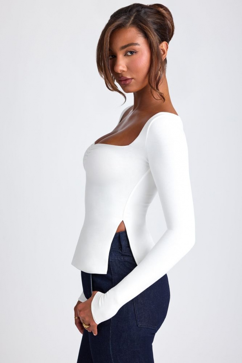 White Oh Polly Fiora Modal Sweetheart Neckline Long Sleeve Top | QKHP-97023