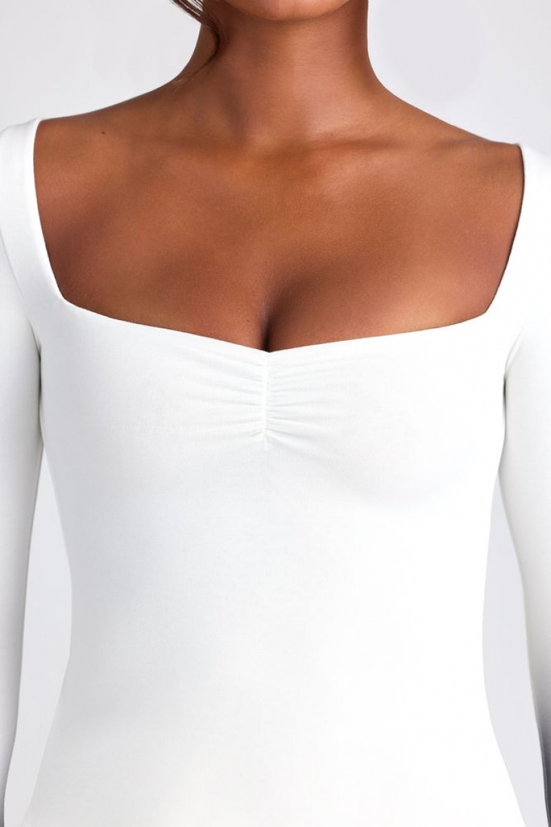 White Oh Polly Fiora Modal Sweetheart Neckline Long Sleeve Top | QKHP-97023