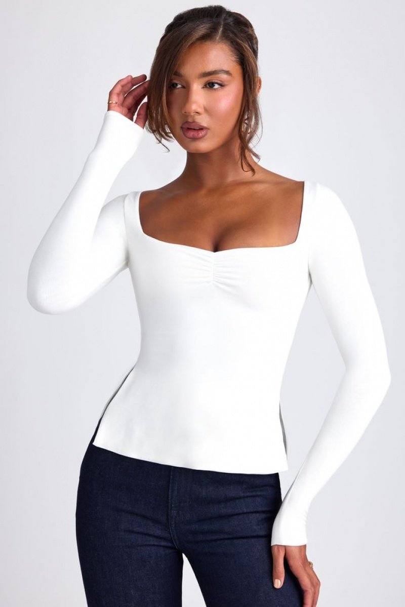 White Oh Polly Fiora Modal Sweetheart Neckline Long Sleeve Top | QKHP-97023