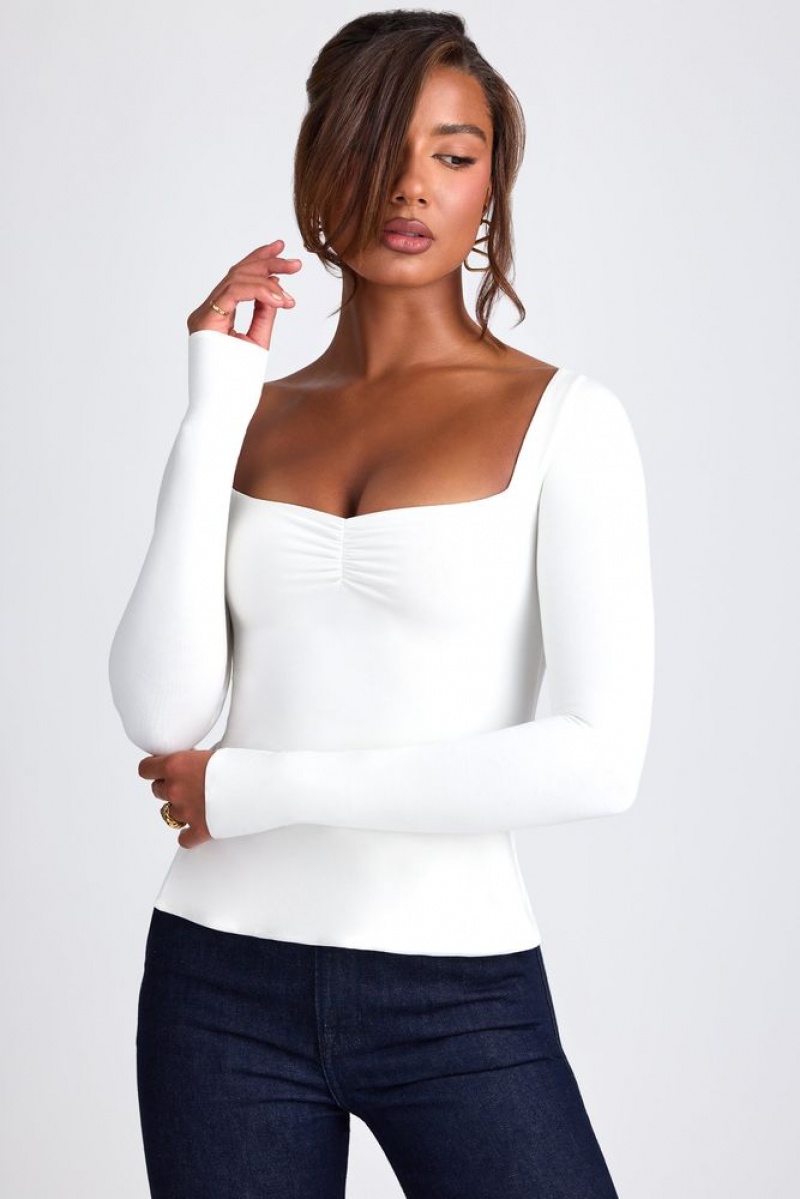 White Oh Polly Fiora Modal Sweetheart Neckline Long Sleeve Top | QKHP-97023