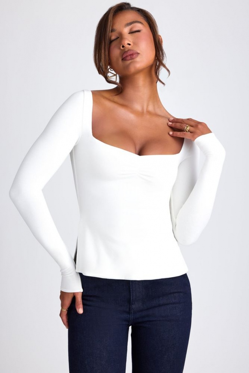 White Oh Polly Fiora Modal Sweetheart Neckline Long Sleeve Top | QKHP-97023