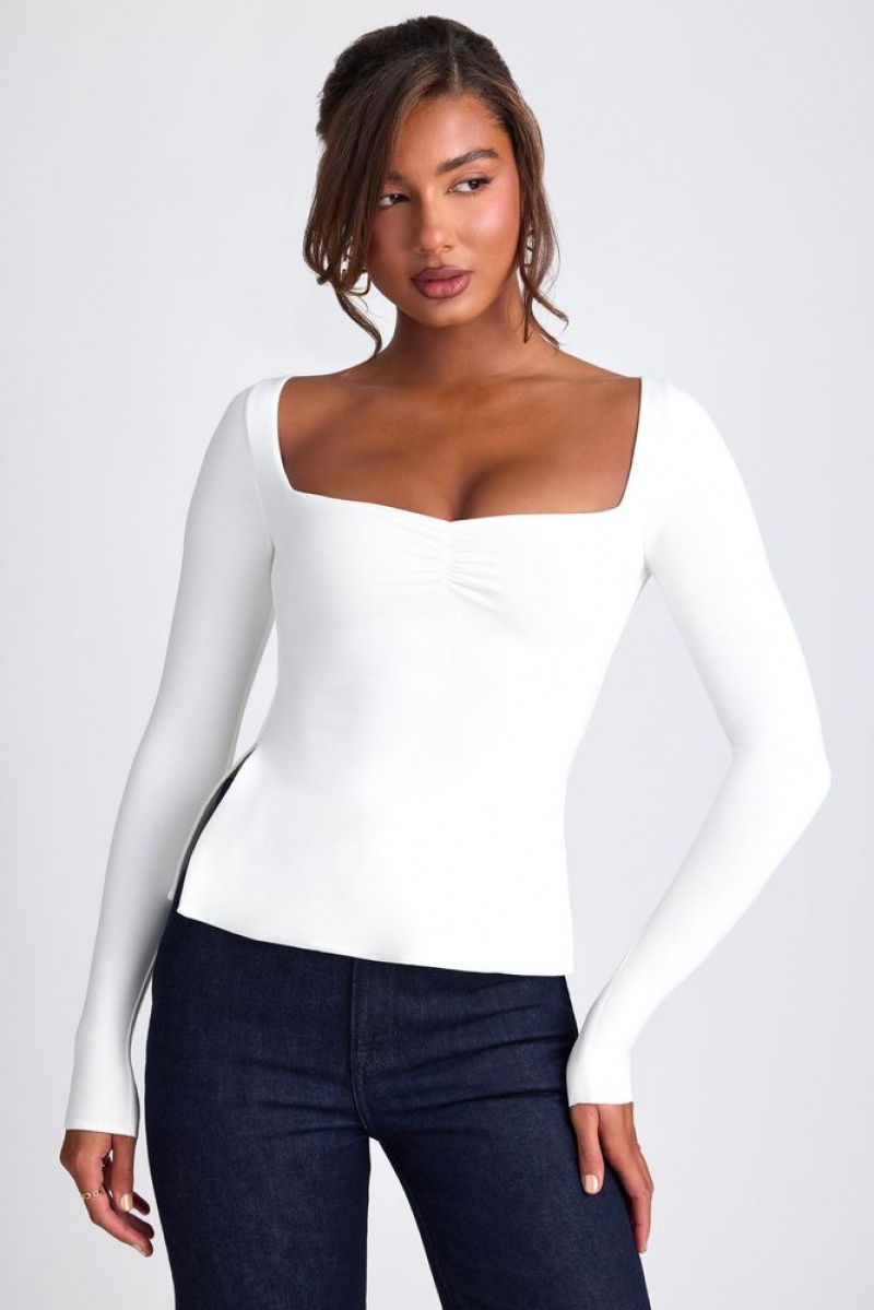 White Oh Polly Fiora Modal Sweetheart Neckline Long Sleeve Top | QKHP-97023