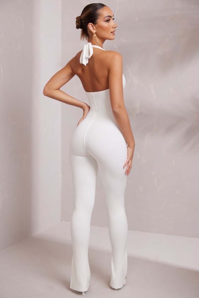 White Oh Polly Keava Halter Neck Plunge Jumpsuit | XJPL-79685