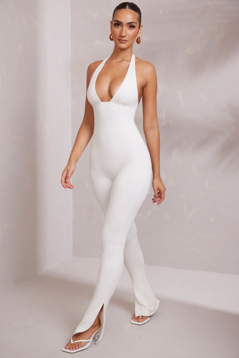 White Oh Polly Keava Halter Neck Plunge Jumpsuit | XJPL-79685