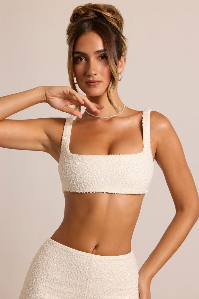 White Oh Polly Lyon Embellished Square Neck Bralette | MGLT-49071