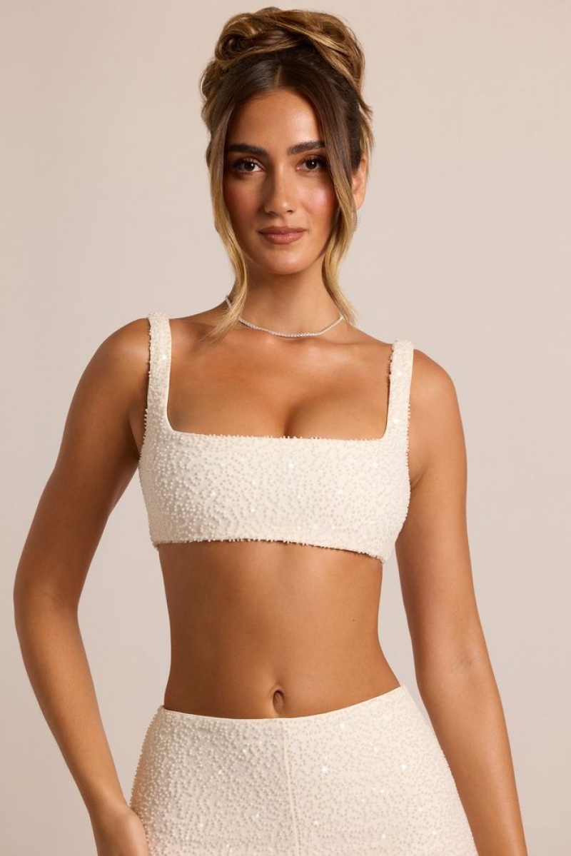 White Oh Polly Lyon Embellished Square Neck Bralette | MGLT-49071