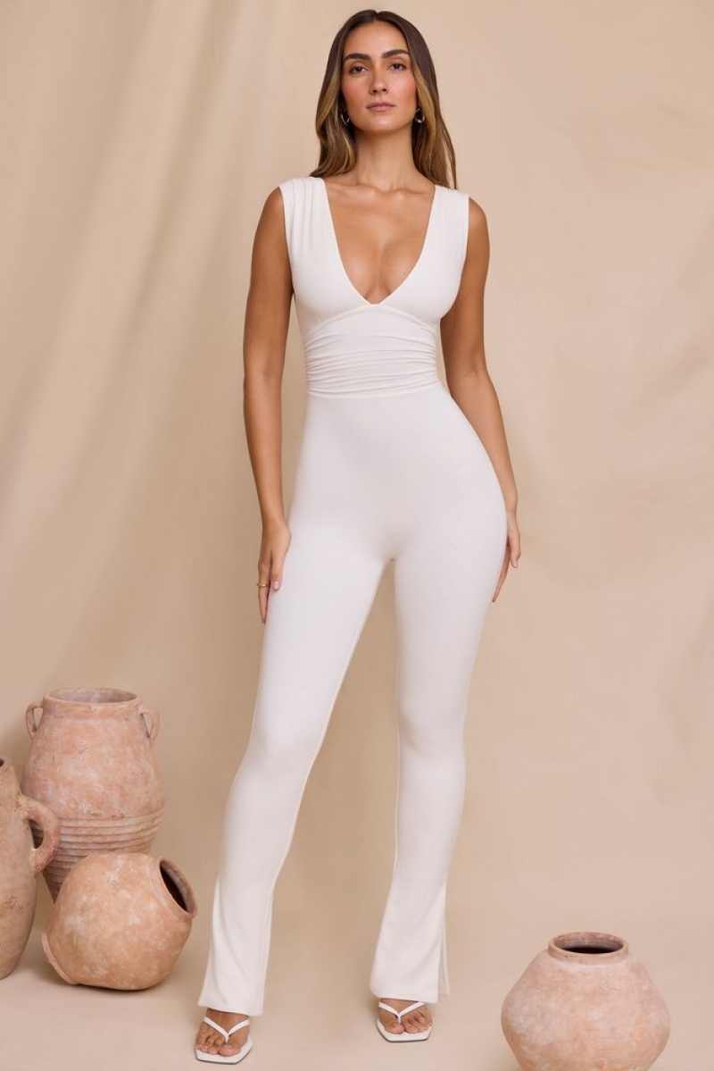 White Oh Polly Romana Tall Plunge Neck Ruched Waist Jumpsuit | OHYX-39068