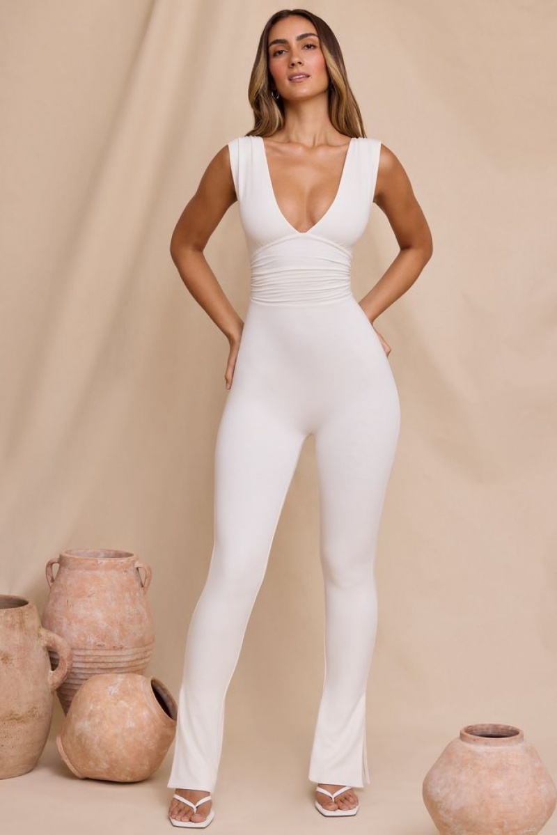 White Oh Polly Romana Tall Plunge Neck Ruched Waist Jumpsuit | OHYX-39068