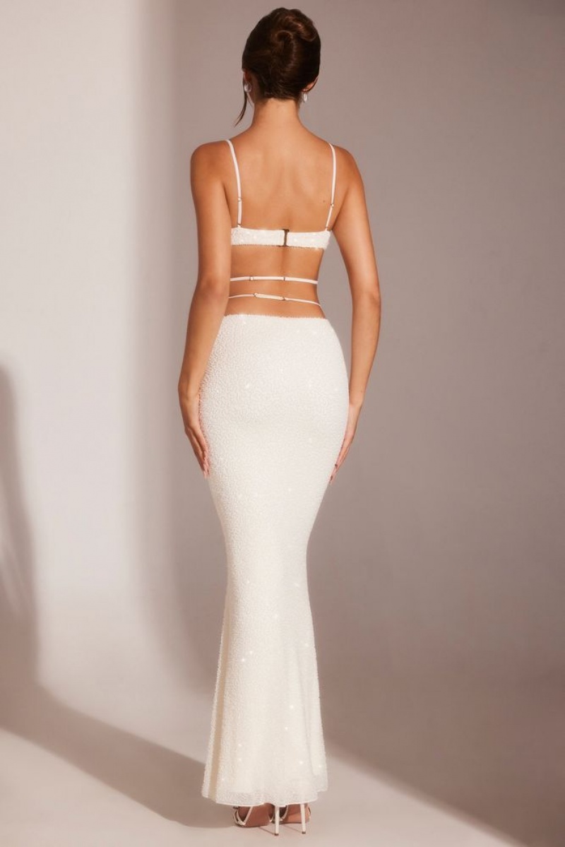 White Oh Polly Sardinia Embellished Strappy Maxi Skirt | RHWD-18073