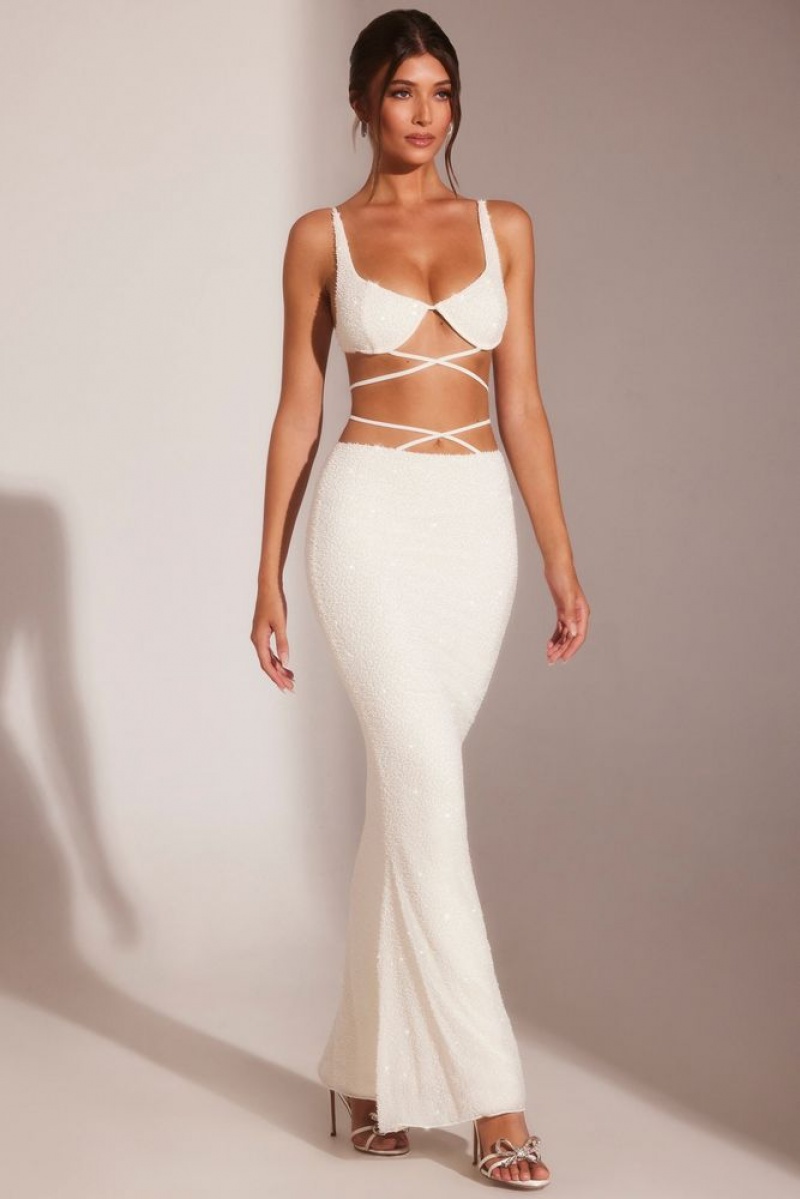 White Oh Polly Sardinia Embellished Strappy Maxi Skirt | RHWD-18073