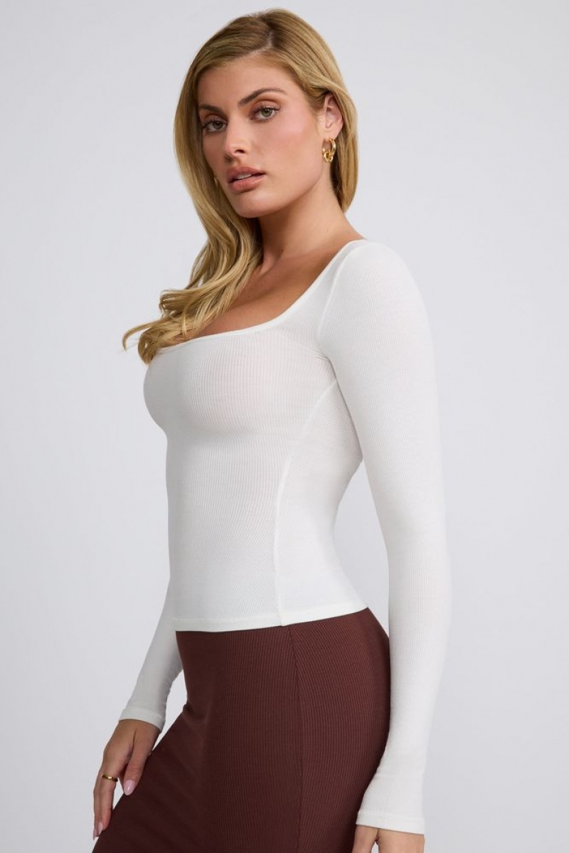 White Oh Polly Tia Ribbed Modal Square Neck Long Sleeve Top | HWPN-71839