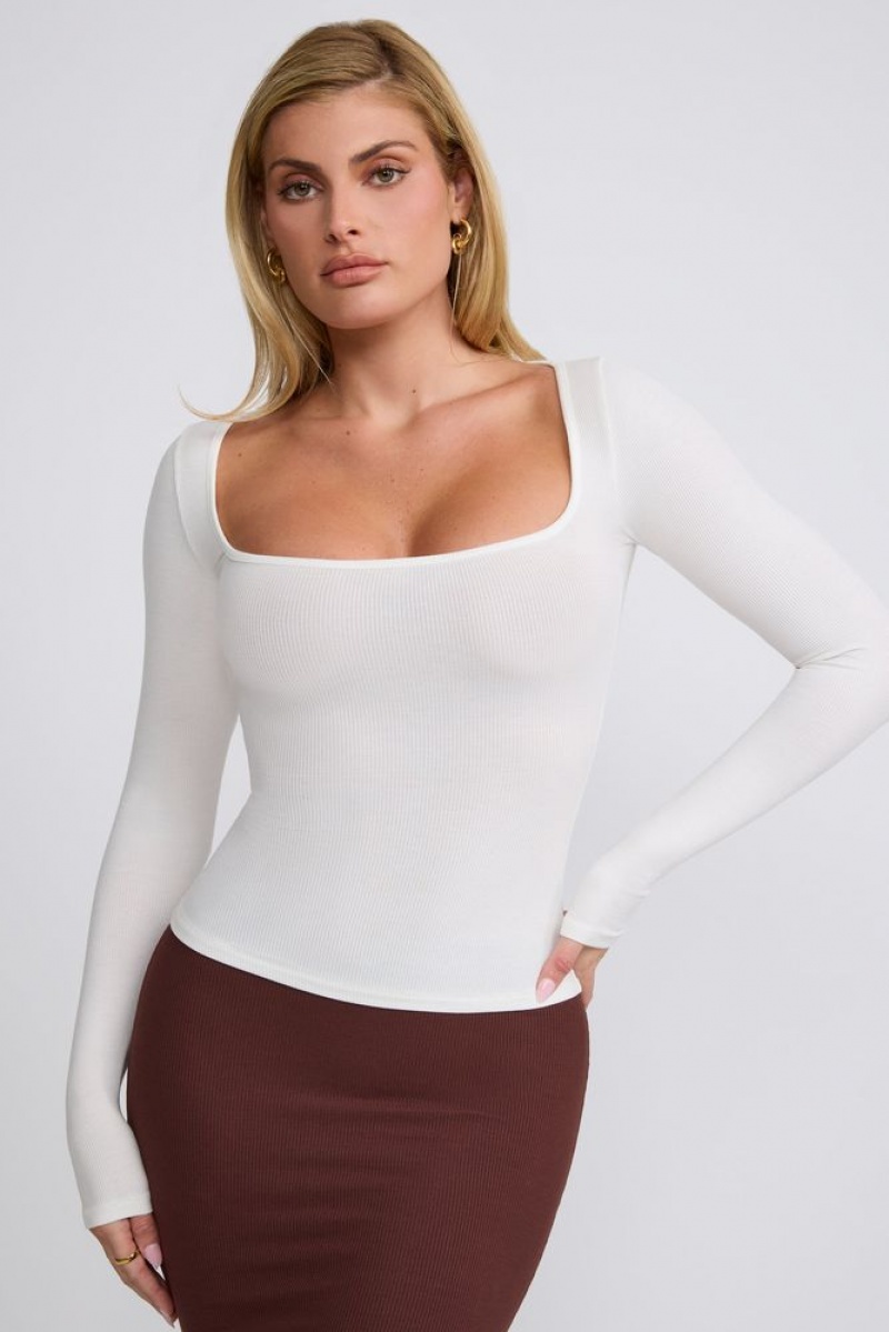 White Oh Polly Tia Ribbed Modal Square Neck Long Sleeve Top | HWPN-71839