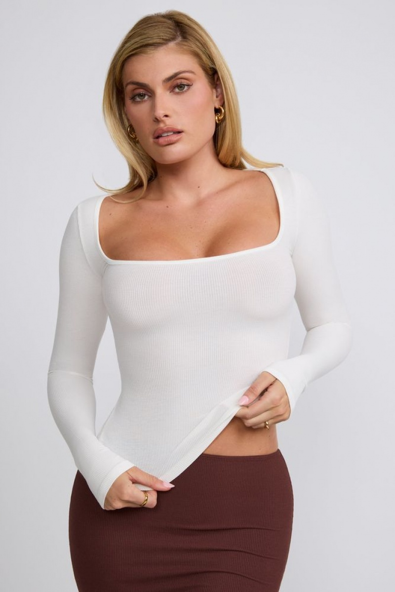 White Oh Polly Tia Ribbed Modal Square Neck Long Sleeve Top | HWPN-71839