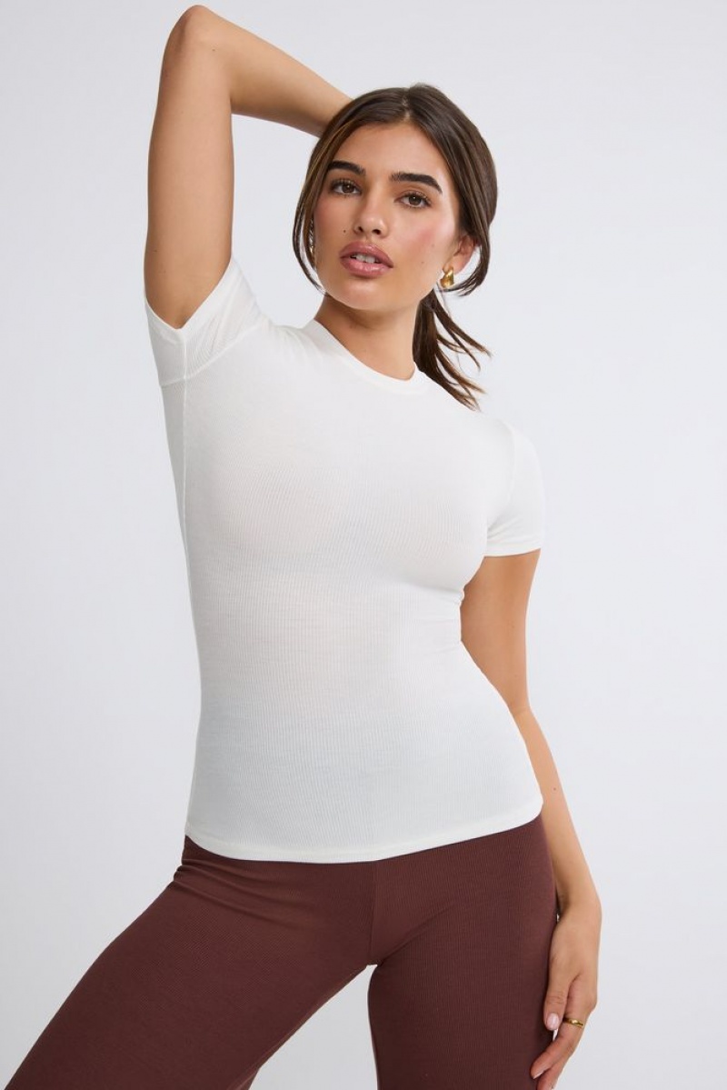 White Oh Polly Zeina Ribbed Modal High Neck Top | AKEM-73254