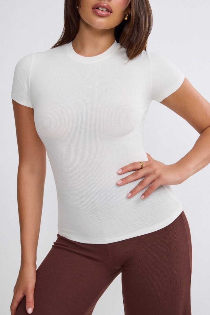 White Oh Polly Zeina Ribbed Modal High Neck Top | AKEM-73254