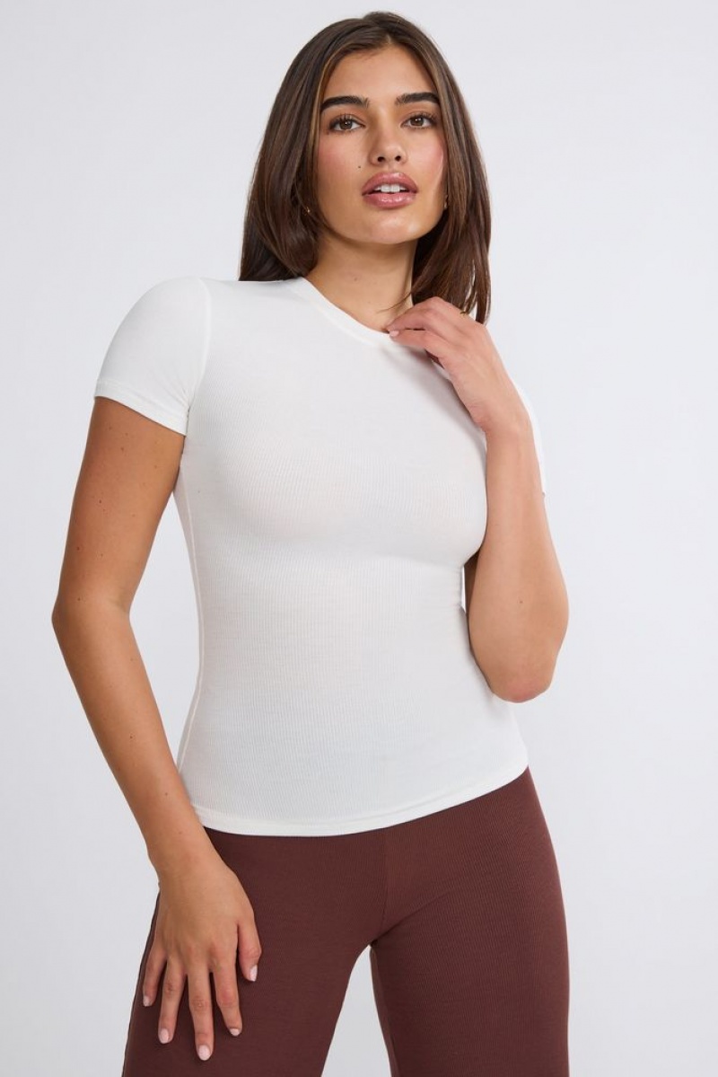 White Oh Polly Zeina Ribbed Modal High Neck Top | AKEM-73254