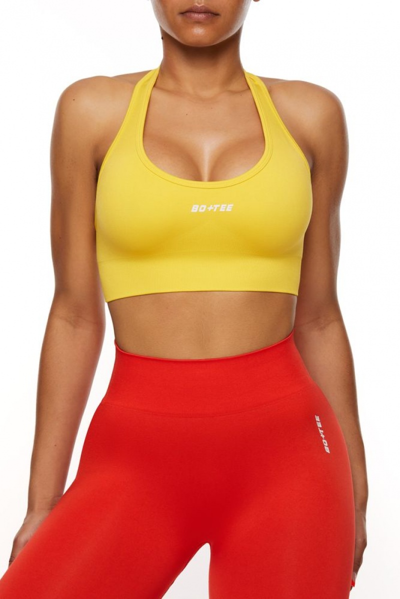 Yellow Oh Polly Focused Halter Neck Backless Sports Bra | KSVP-63085