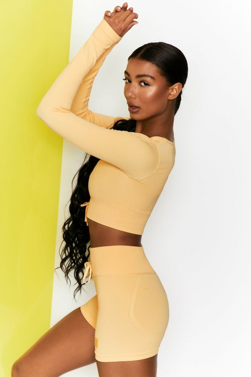 Yellow Oh Polly Time Check Ribbed Long Sleeve Crop Top | GKBW-87531