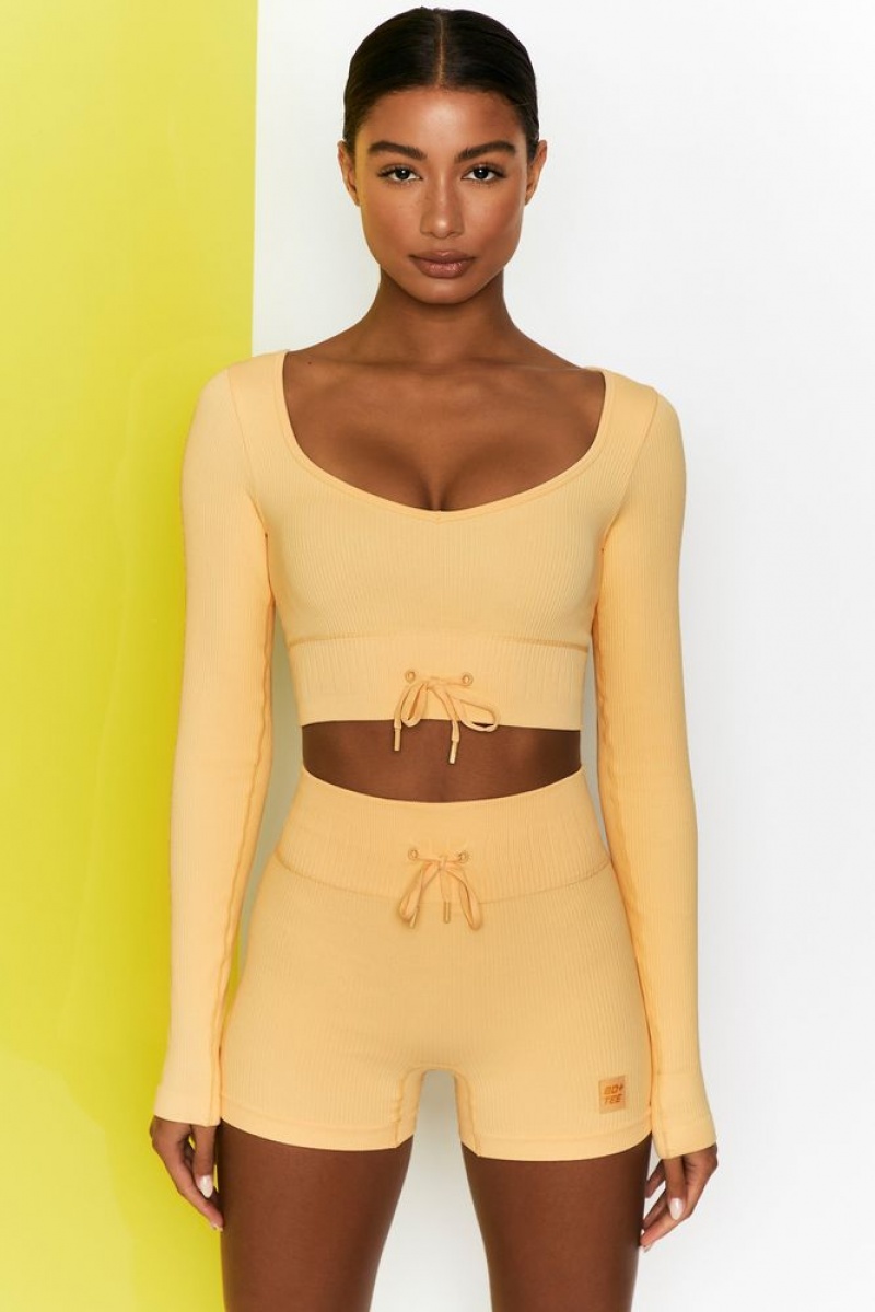 Yellow Oh Polly Time Check Ribbed Long Sleeve Crop Top | GKBW-87531