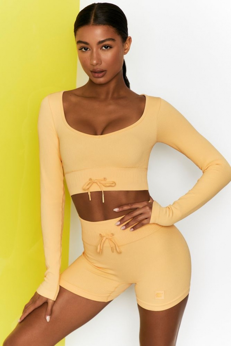 Yellow Oh Polly Time Check Ribbed Long Sleeve Crop Top | GKBW-87531