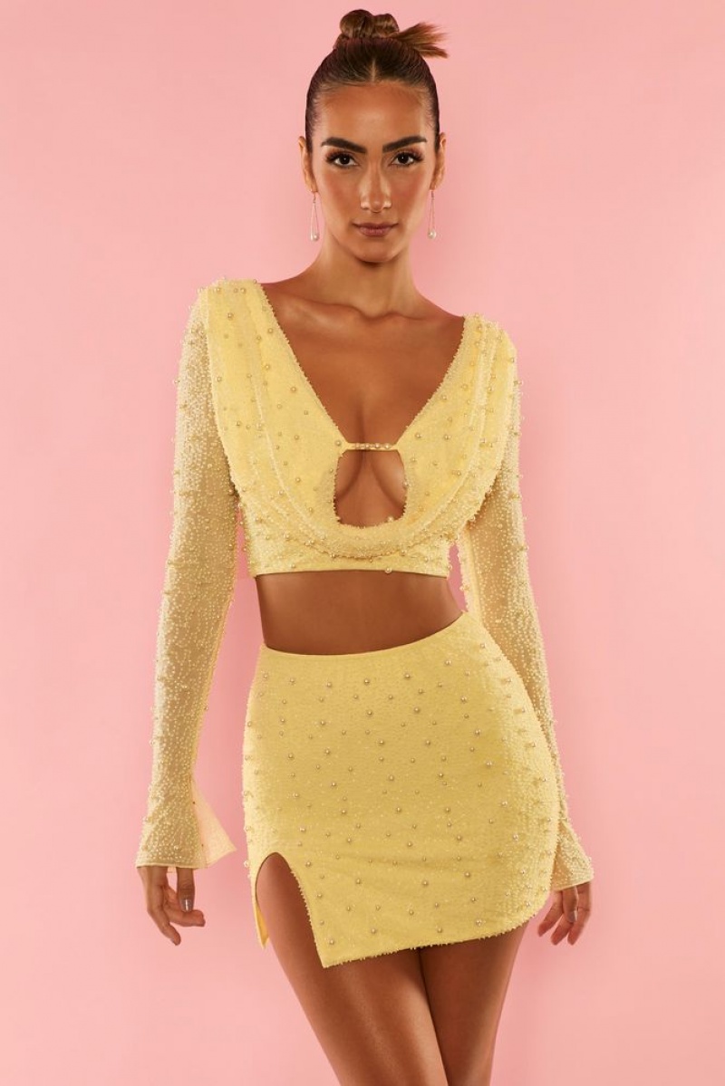 Yellow Oh Polly Ville Franche Long Sleeve Deep Plunge Crop Top | PIMF-10743