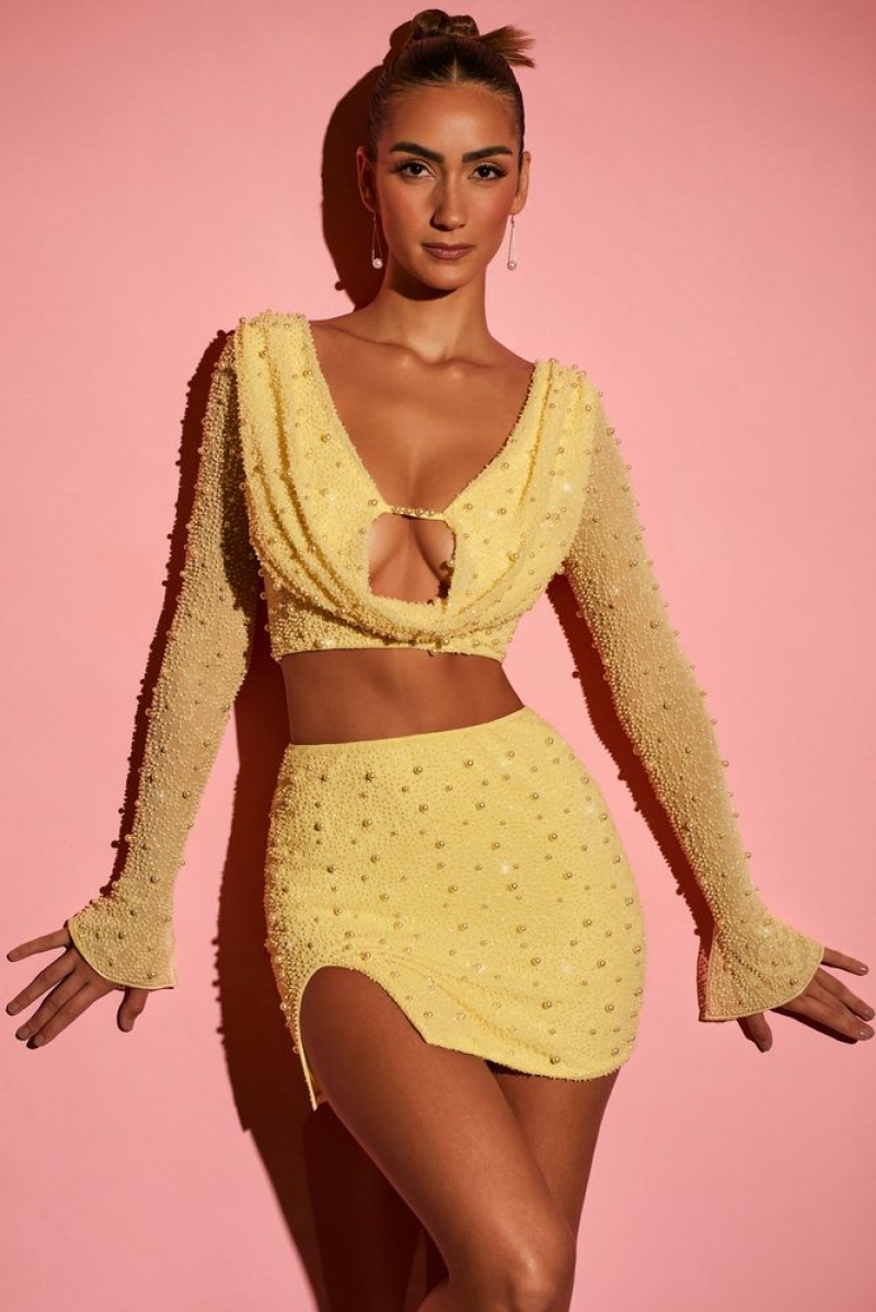 Yellow Oh Polly Ville Franche Long Sleeve Deep Plunge Crop Top | PIMF-10743